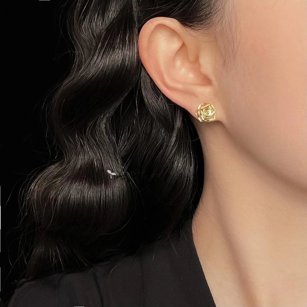 Light Luxury 14K Plated Copper Rose Flower Stud Earrings And Hollow Petal Design