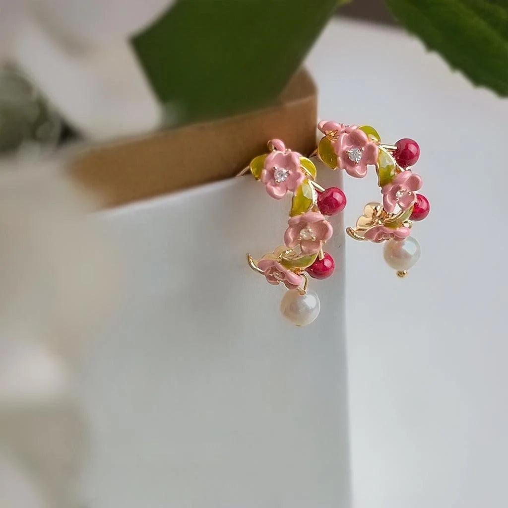 Original Design Floral Enamel Painted Copper Freshwater Pearl Pastoral Drop Earrings for Women