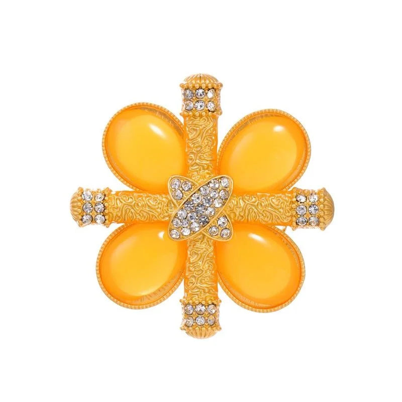 Elegant Yellow Baroque Flower Brooch With Rhinestone Enamel Petals, Luxury Lapel Pin Corsage Suit Accessory Gift