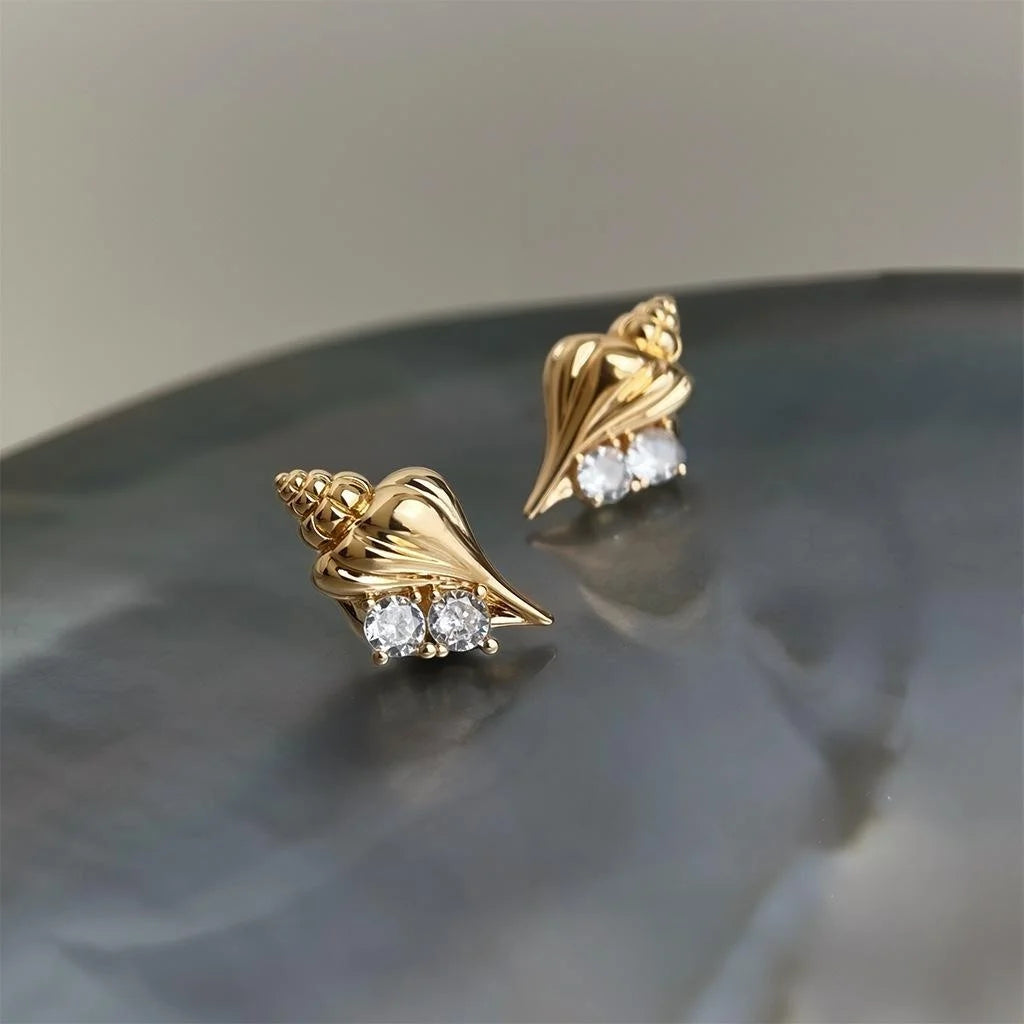 14K Plated Copper Conch Shell Stud Earrings Micro Pave Zircon Ocean Summer Jewelry