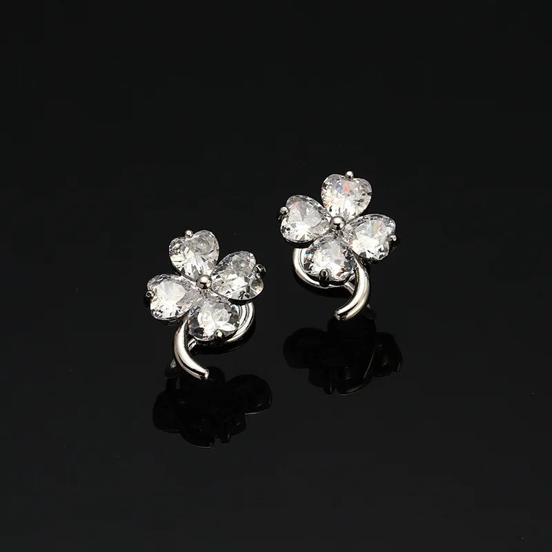 Elegant Alloy Zircon Lucky Clover Flower Stud & Clip On No Piercing Commuter Ear Cuff Earrings