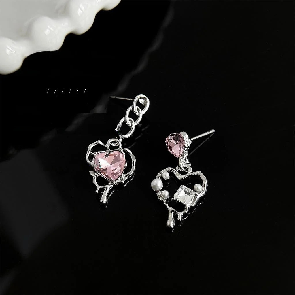 Sweet Cool Asymmetric Pink Rhinestone Heart Chain Drop Earrings For Women