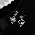 Sweet Cool Asymmetric Pink Rhinestone Heart Chain Drop Earrings For Women