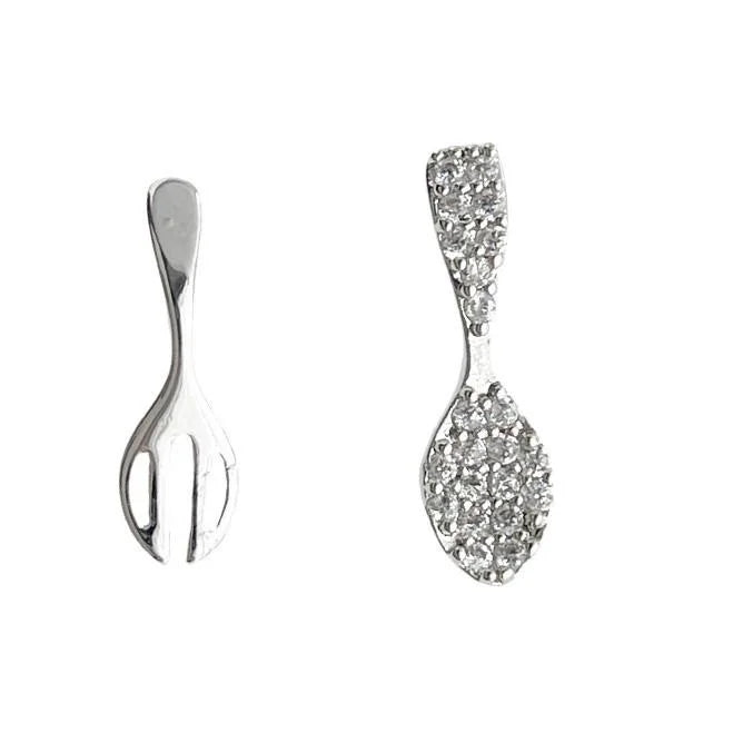 Cute Asymmetric Spoon Fork Stud Earrings Copper Micro Pave Zircon Mini Jewelry