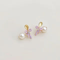 Sweet Bow Pearl Stud Earrings Eco-Friendly Copper Enamel Glaze Spoon Design Women's Jewelry