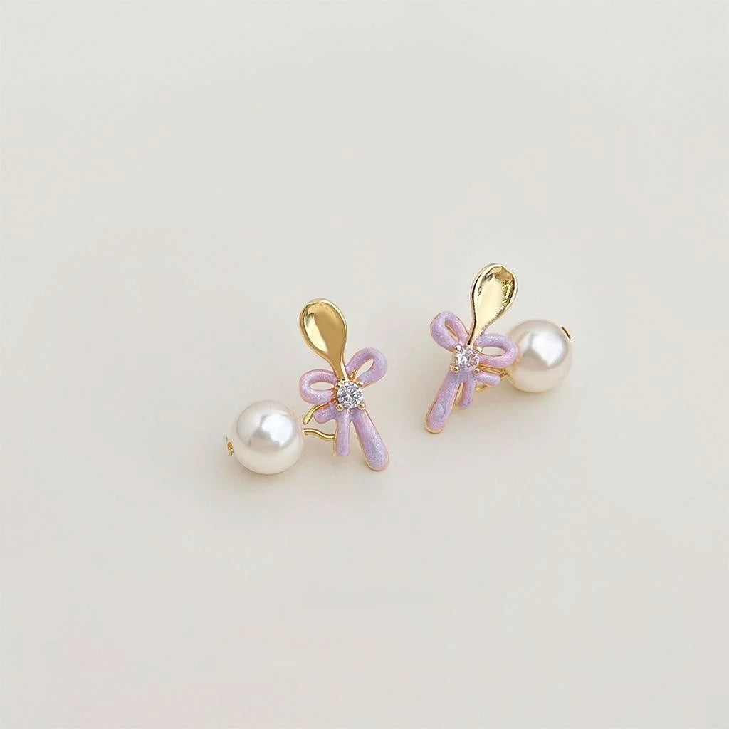 Sweet Bow Pearl Stud Earrings Eco-Friendly Copper Enamel Glaze Spoon Design Women's Jewelry