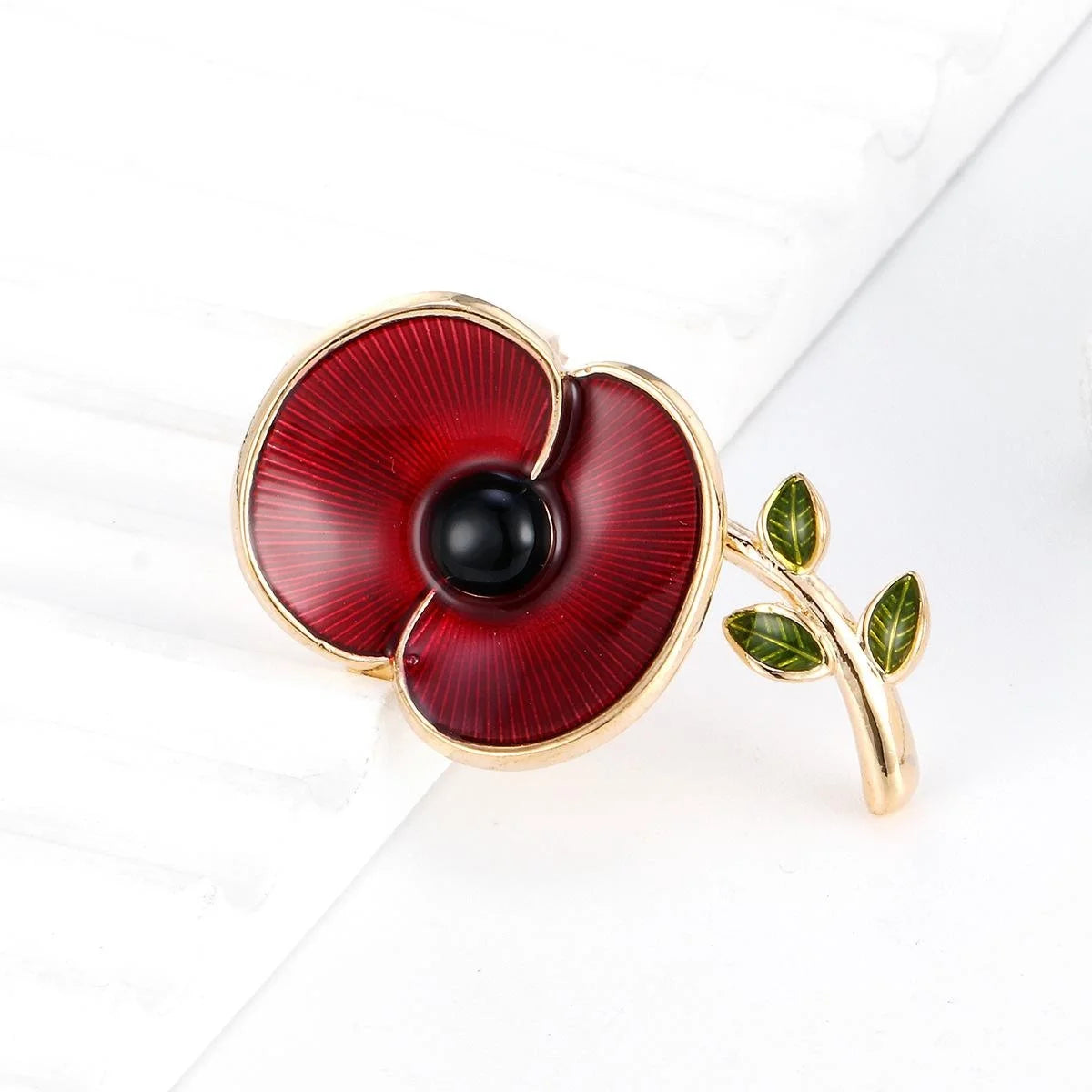 Elegant Red Enamel Poppy Flower Brooch With Gold Tone Stem, Floral Lapel Pin Corsage Suit Accessory Gift