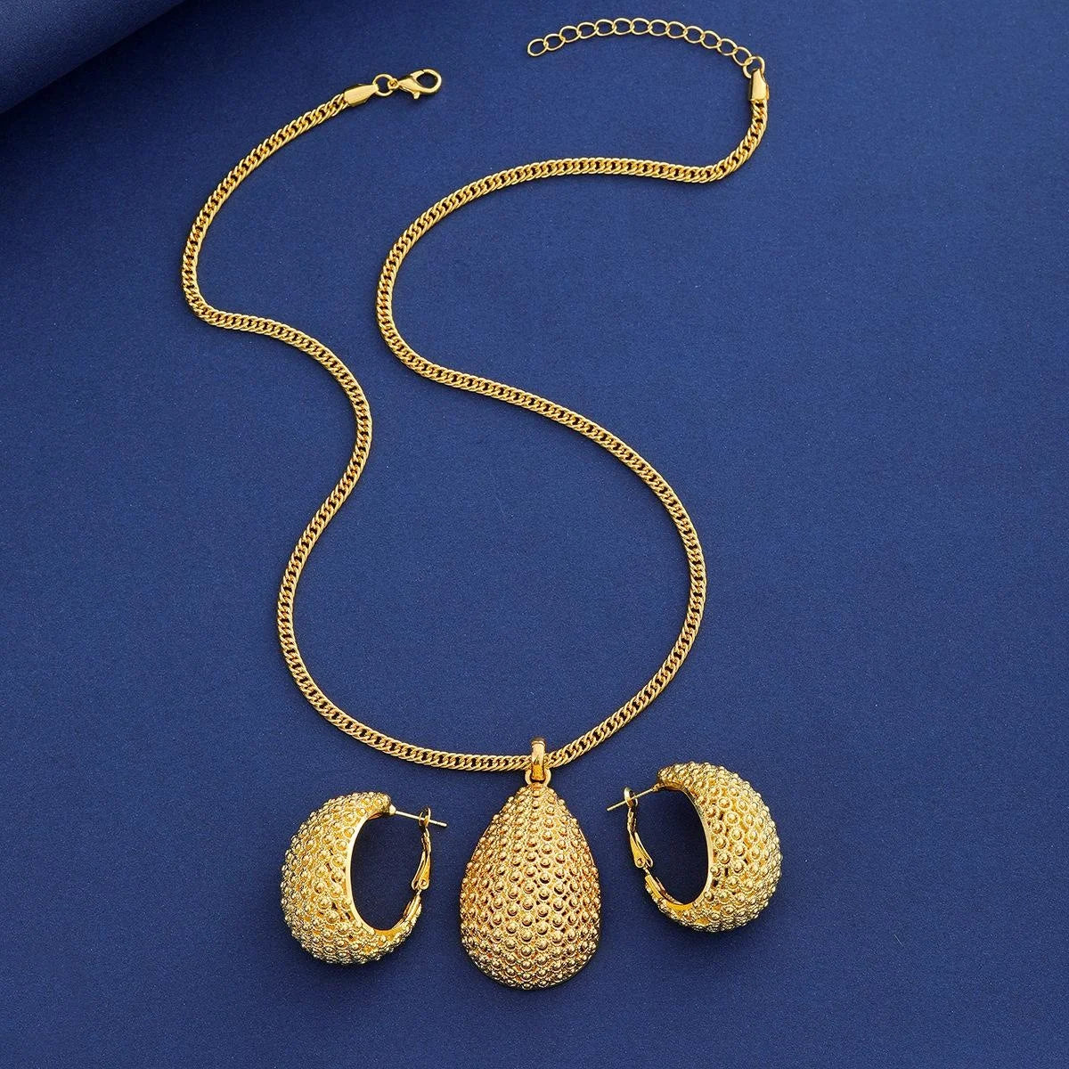Luxury Dubai Gold Plated Alloy Hoop Earrings And Teardrop Pendant Necklace Jewelry Set For Bridal Wedding Party