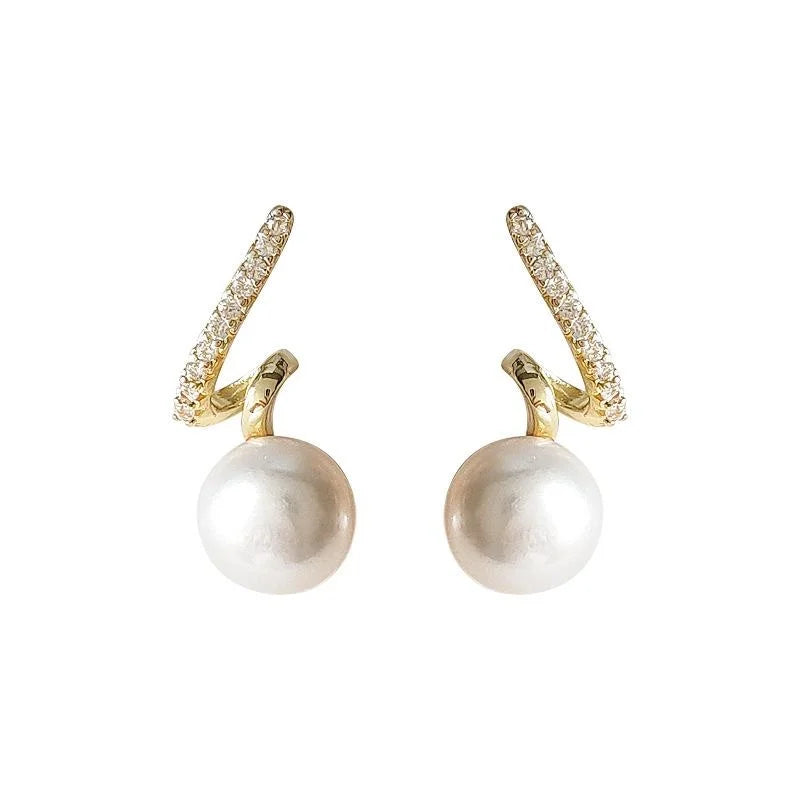Luxury 14K Gold Plated Geometric Twisted Freshwater Pearl Zircon Stud Earrings