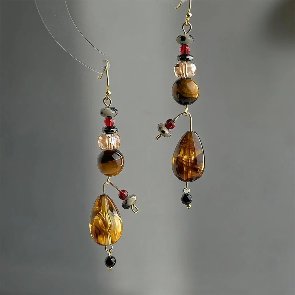 French Vintage Designer Tassel Drop Earrings With Teardrop Crystal Glass Tiger Eye And Onyx