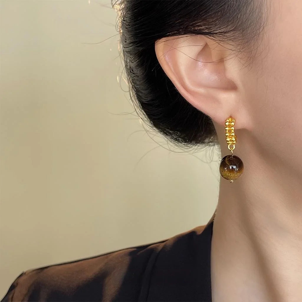 Retro Maillard Tiger Eye Natural Stone Geometric Round Drop Earrings For Women