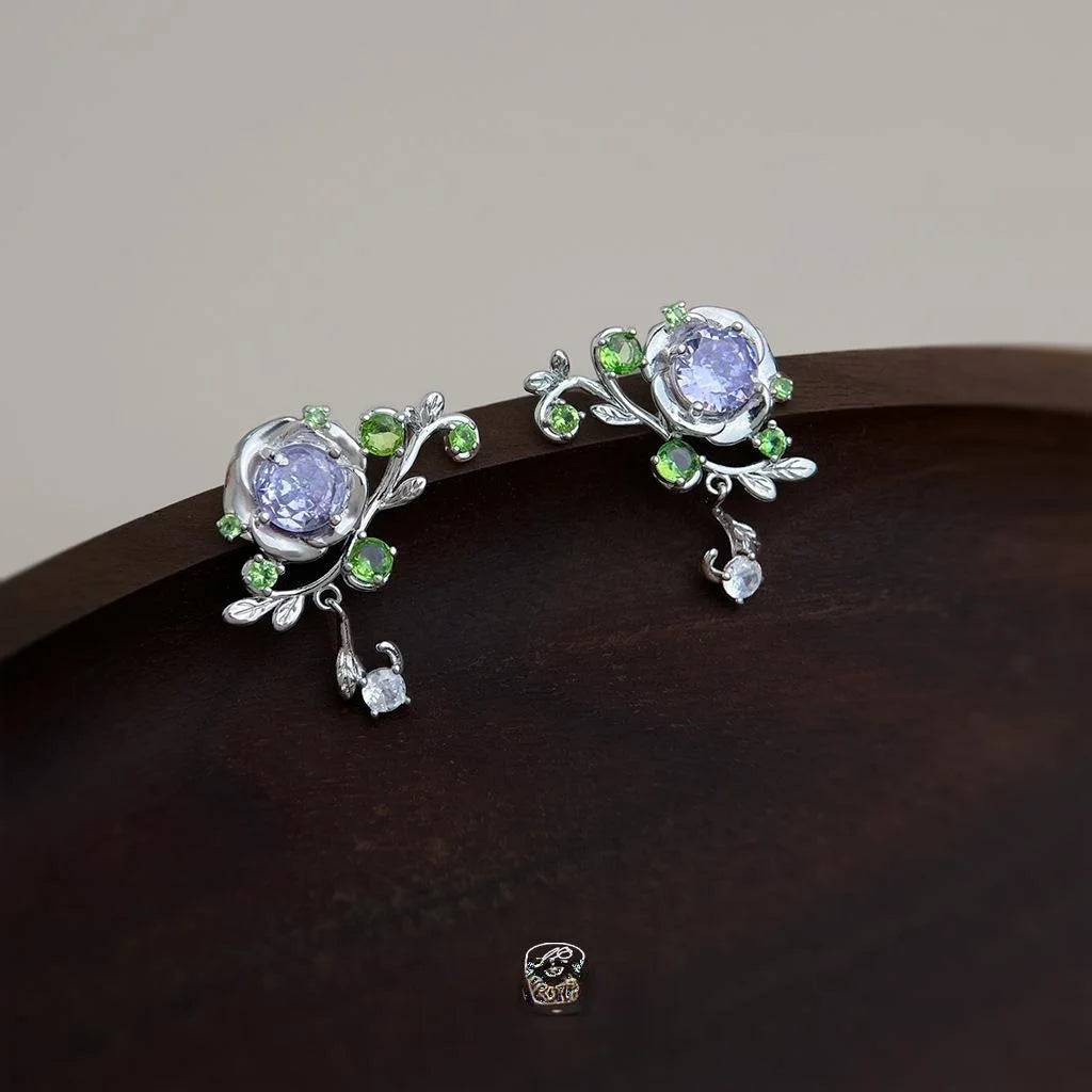 Forest Style Micro Pave Zircon Flower Leaf Stud Earrings Copper