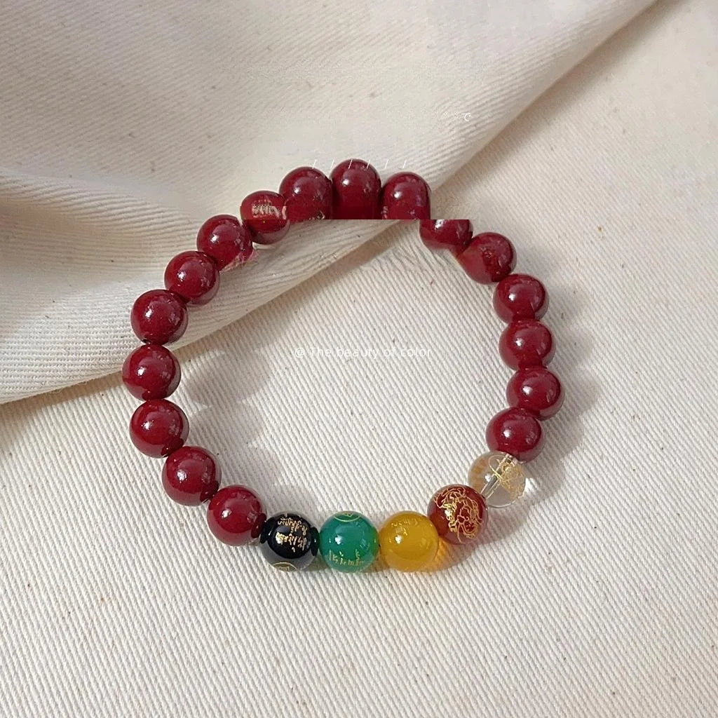 Red Synthetic Cinnabar Stone Pixiu Beaded Bracelet With Fu Charm, New Chinese Zen Style For Women