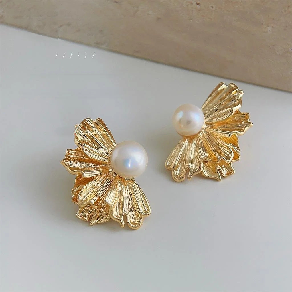 French Vintage Copper Freshwater Pearl Irregular Flower Petal Drop Earrings For Women