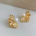 French Vintage Copper Freshwater Pearl Irregular Flower Petal Drop Earrings For Women