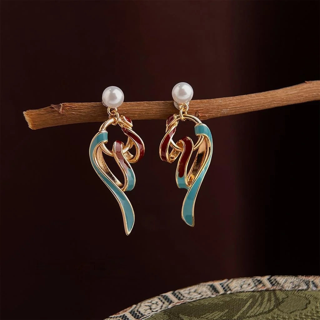 Dunhuang Inspired Ribbon Drop Earrings Handmade Painted Copper Enamel Drip Glaze Pearl Chic Jewelry