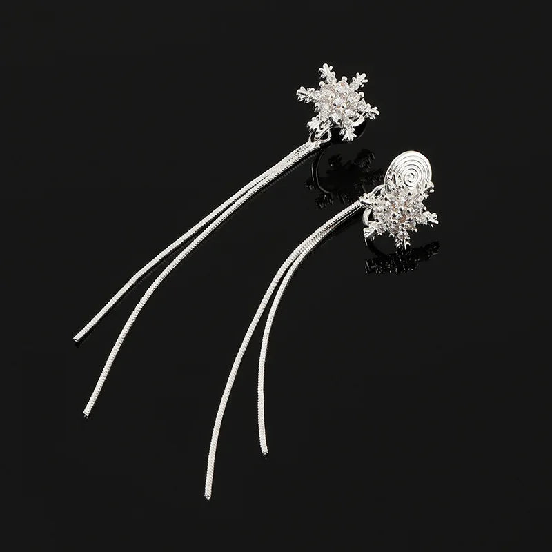 Elegant Rhinestone Snowflake Long Tassel Stud & Clip On No Piercing Face Slimming Drop Earrings