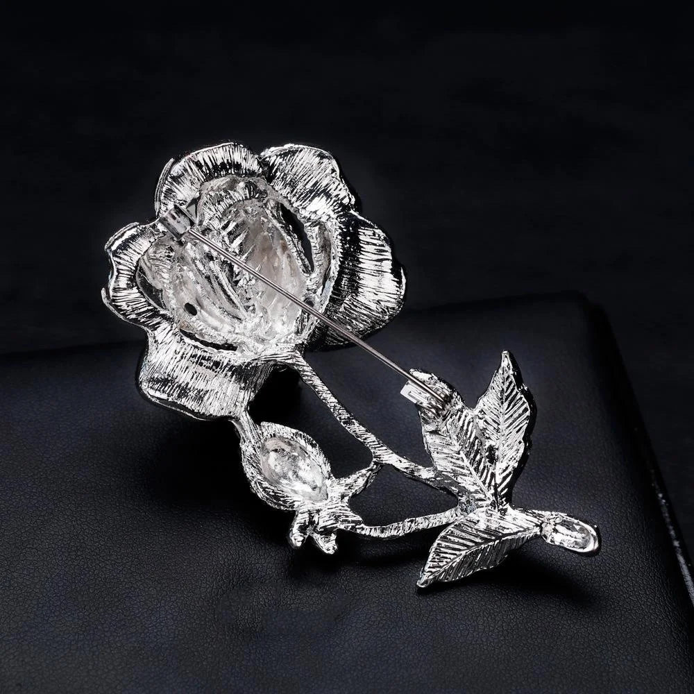 Elegant Rhinestone Rose Flower Brooch With White Pearl, Alloy Lapel Pin Corsage Suit Accessory Gift