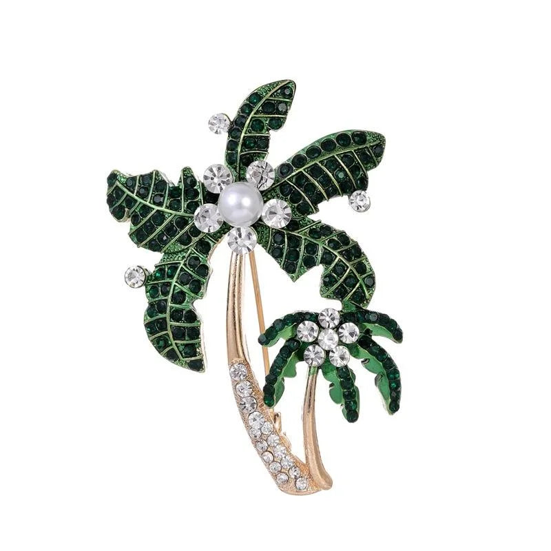 Elegant Green Enamel Coconut Palm Tree Brooch With Rhinestone Pearl, Tropical Lapel Pin Gift