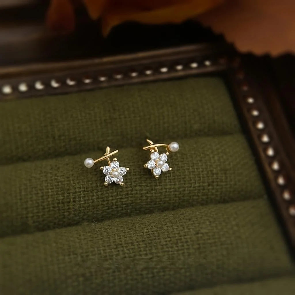 Mini Zircon Flower Stud Earrings 14K Gold Plated Copper Light Luxury Style