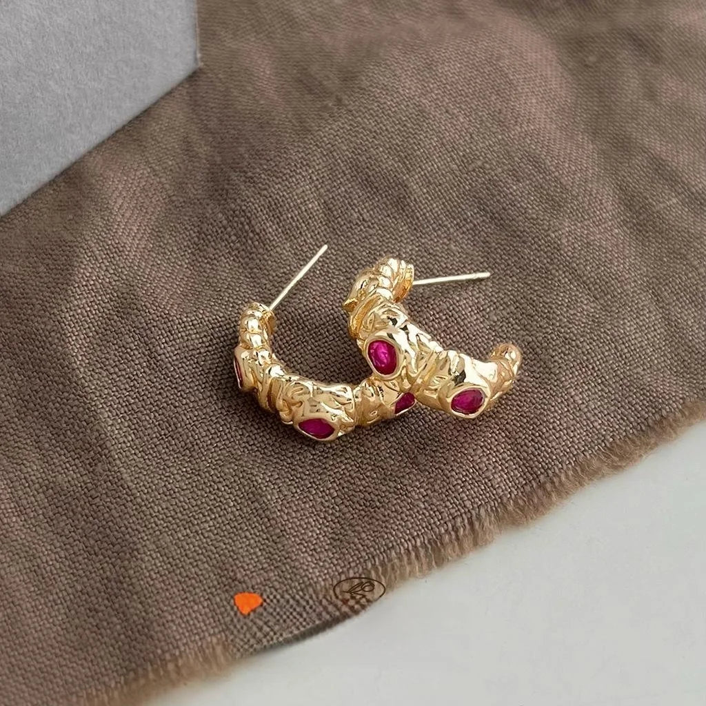 Vintage Style Copper C-Shaped Hoop Earrings French Textured Geometric Luxury Ear Jewelry