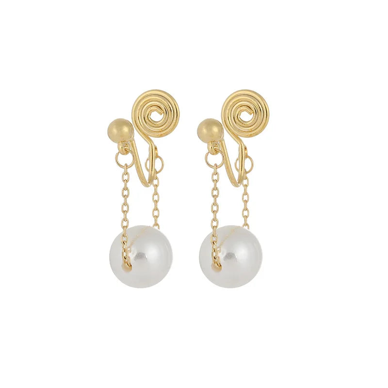 Elegant Spiral Coil Pearl Chain Drop Stud & Clip On No Piercing Gold Alloy Minimalist Earrings