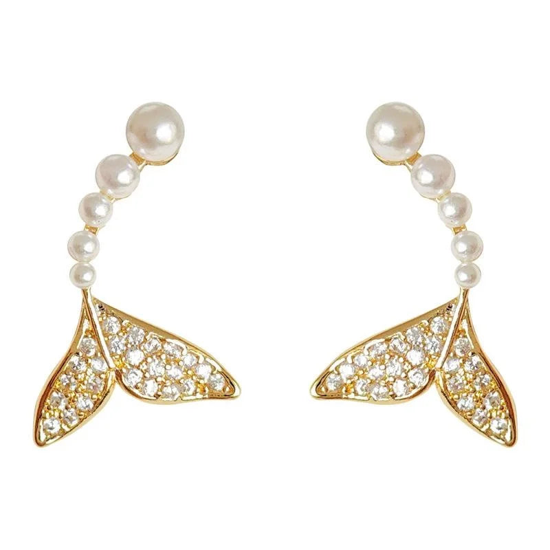 14K Gold Plated Copper Fishtail Micro Pave Zircon Stud Earrings Light Luxury Style