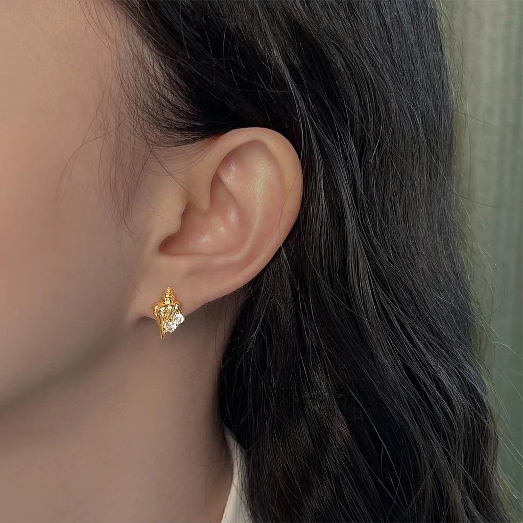14K Plated Copper Conch Shell Stud Earrings Micro Pave Zircon Ocean Summer Jewelry