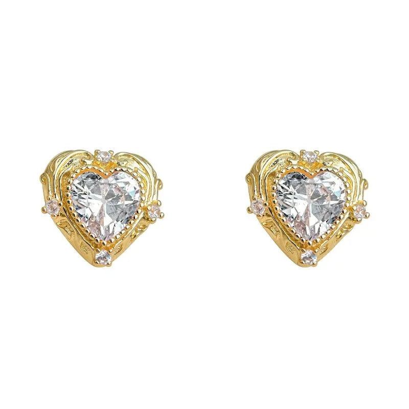 14K Plated Copper Heart Zircon Lace Edge Stud Earrings Elegant Office Jewelry