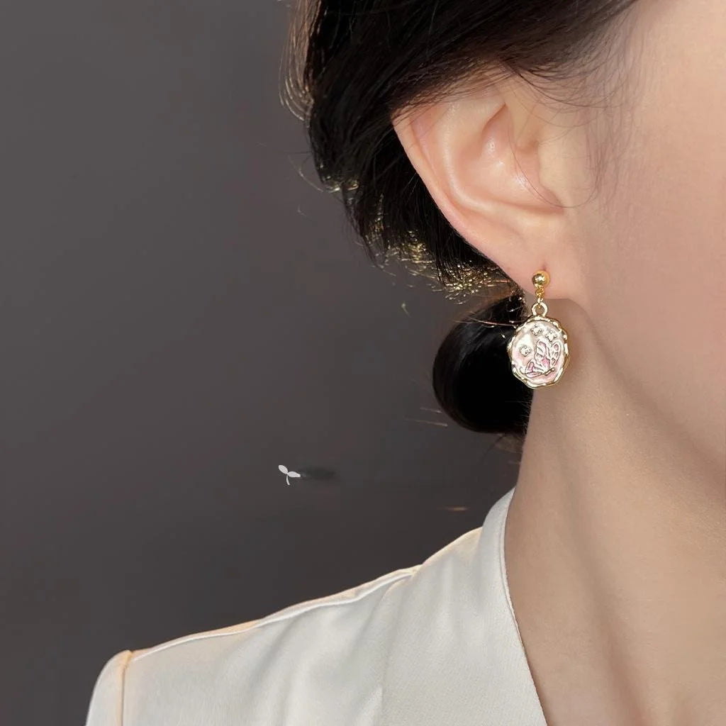 Handmade Gradient Pink Enamel Butterfly Drop Earrings Pastoral Copper