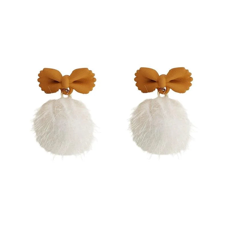 Winter Brown Bow Pom Pom Stud Earrings With Silver Plated Pins Elegant Women's Ear Jewelry