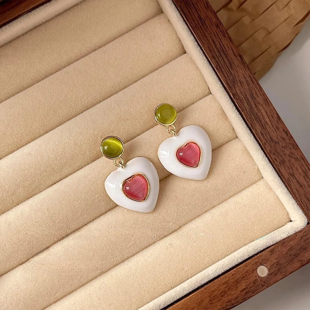 French Vintage Heart Drop Earrings Copper Glass Cat Eye Stone Enamel Silver Plated Pins