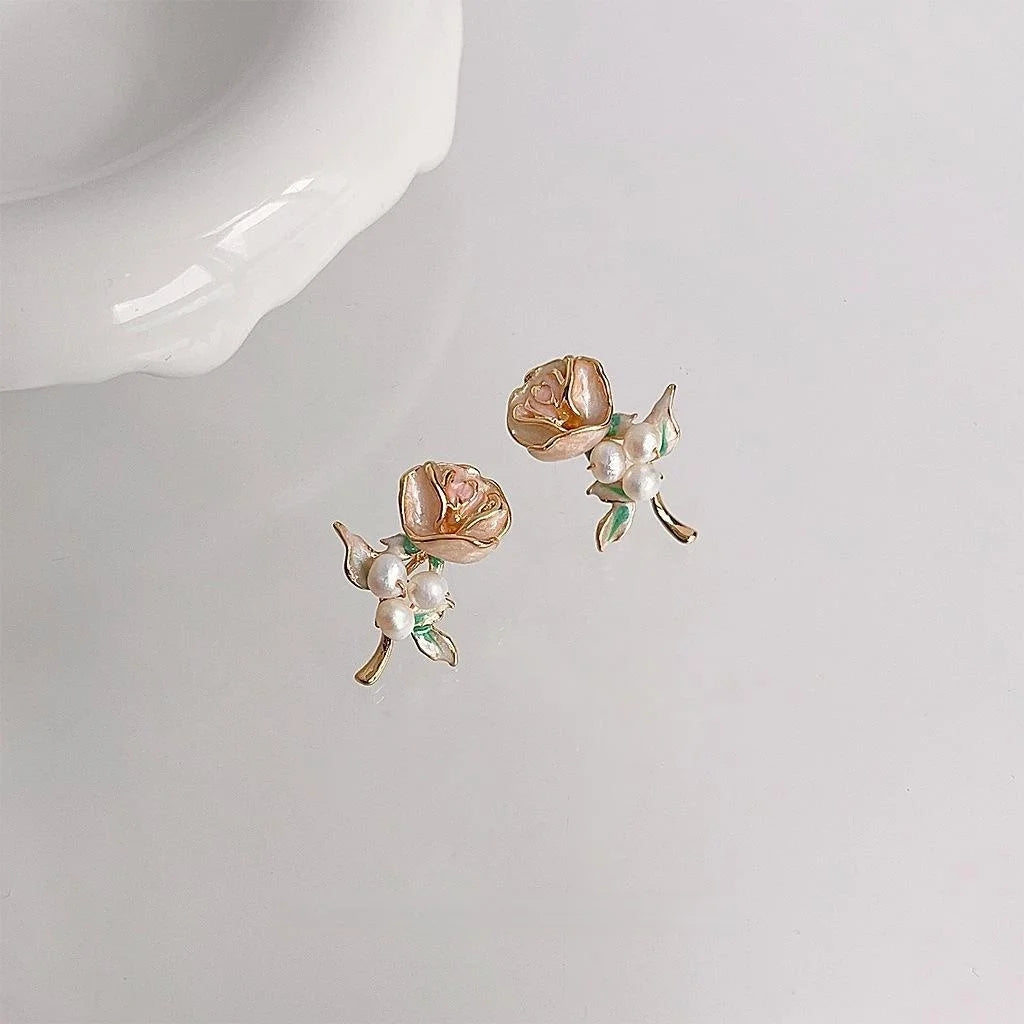 Handmade Forest Style Freshwater Pearl Rose Flower 14K Plated Copper Stud Earrings For Women