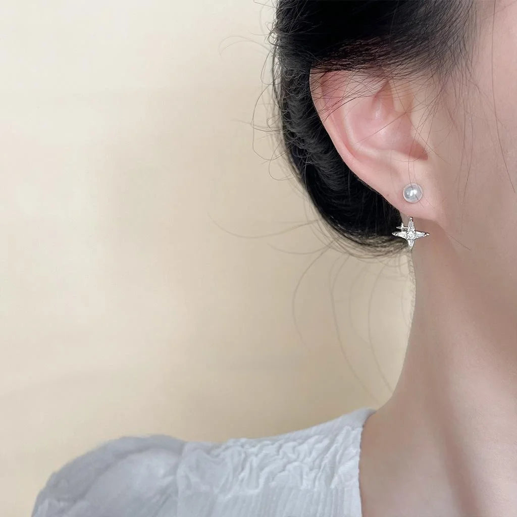 Detachable Two Way Copper Zircon Pearl Eight Point Star Front Back Stud Earrings Sweet Cool Style