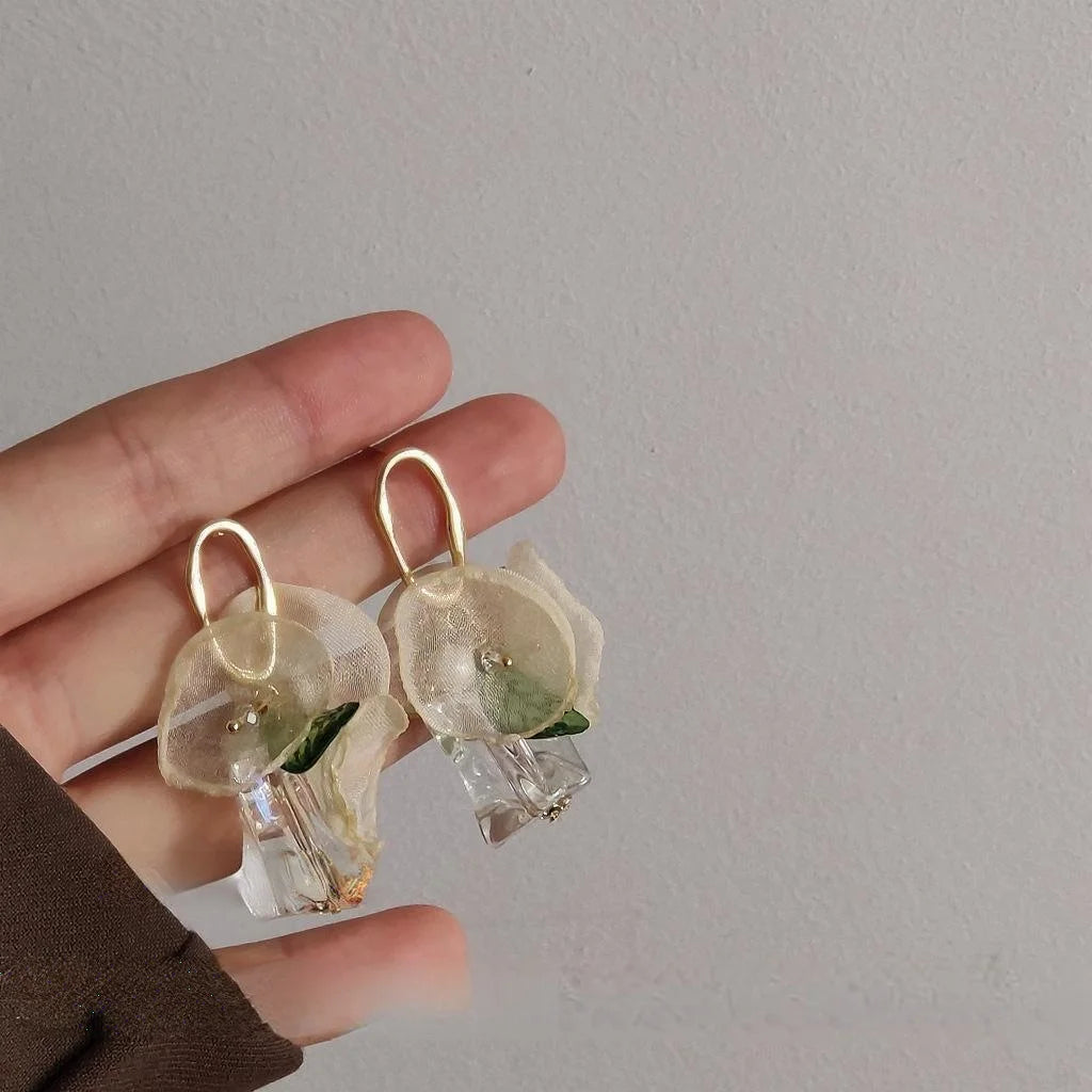 14K Plated Lightweight Acrylic Sheer Gauze Flower Drop Earrings For Women Vintage Forest Style