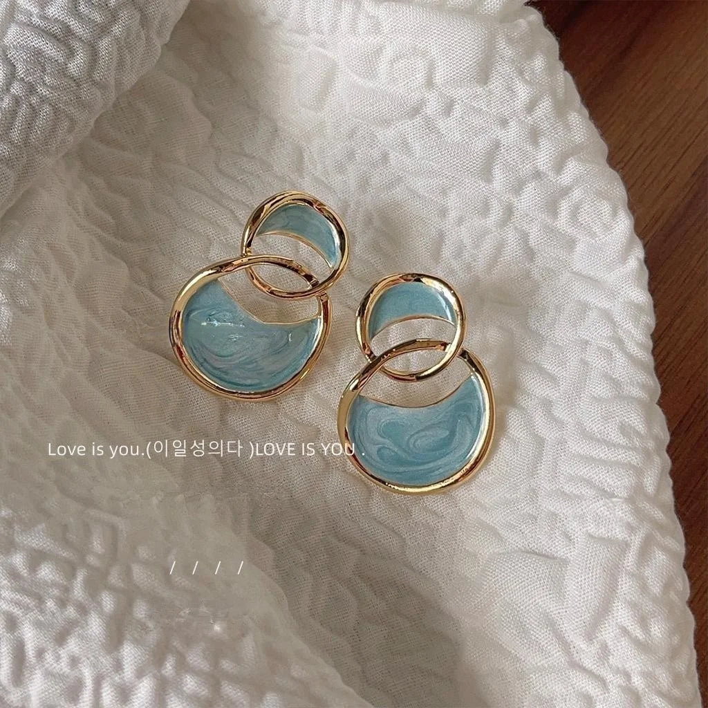 14K Plated Alloy Geometric Drip Glaze Stud Earrings For Women Korean Luxury Style