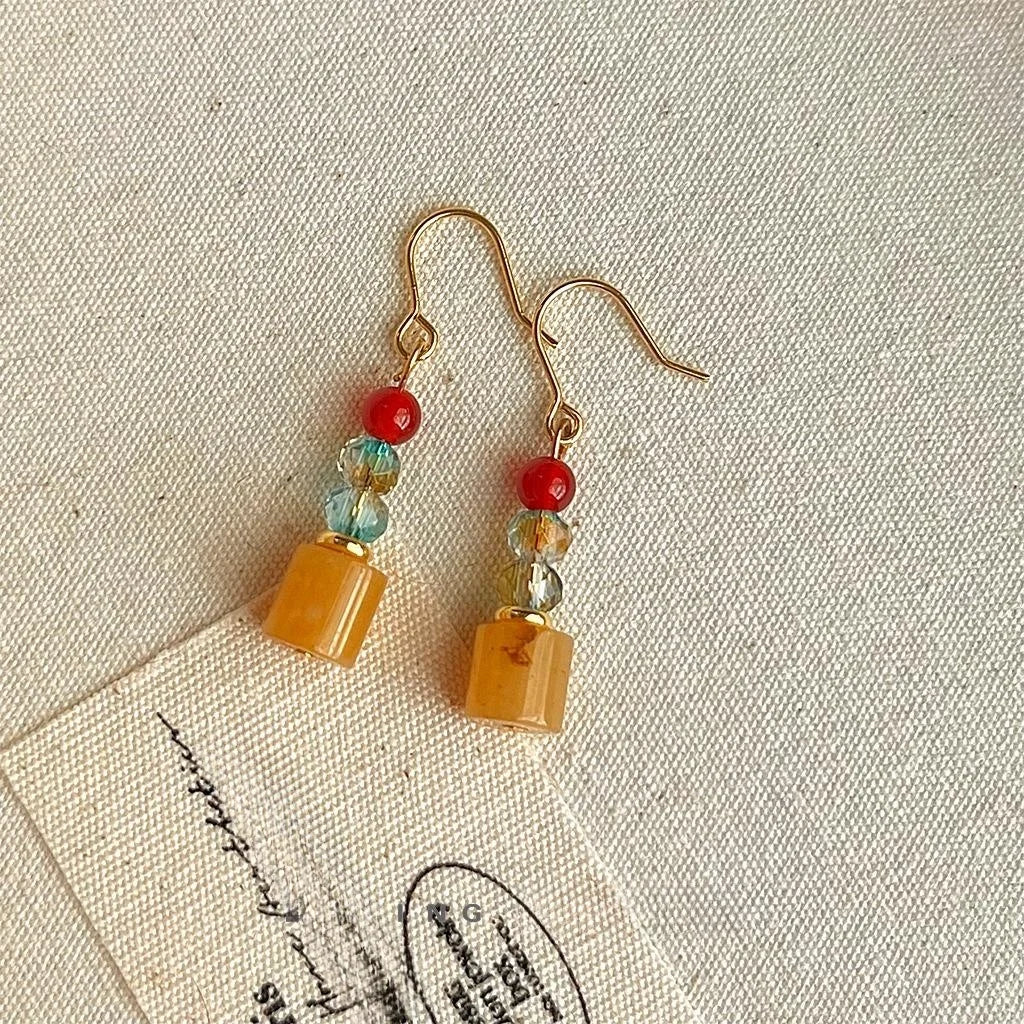 Handmade Natural Stone Geometric Drop Earrings Vintage Chinese Style Round Oval Hexagon Jewelry