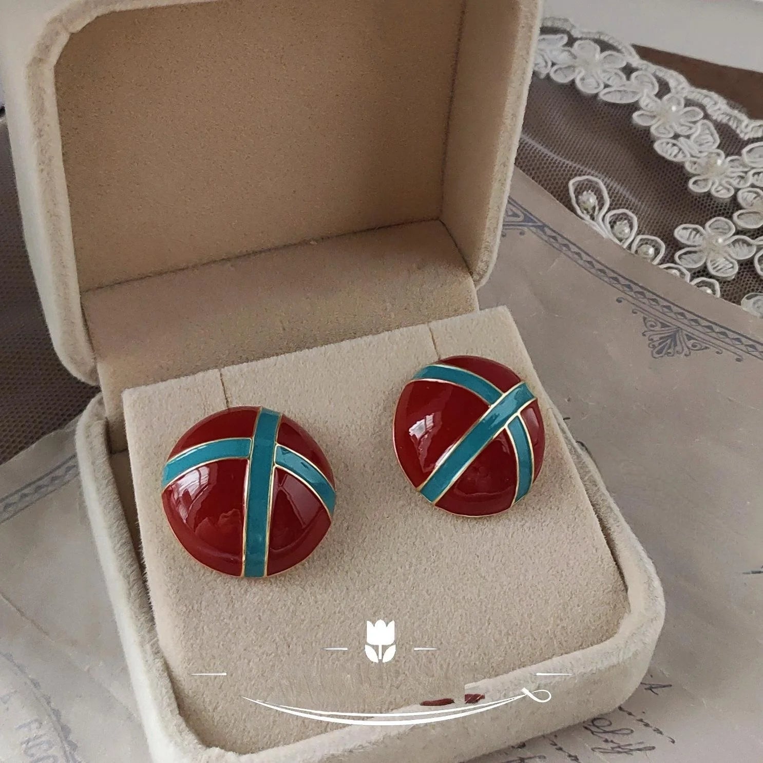 French Burgundy Enamel 14K Plated Copper Round Geometric Stud Earrings Vintage Hong Kong Style