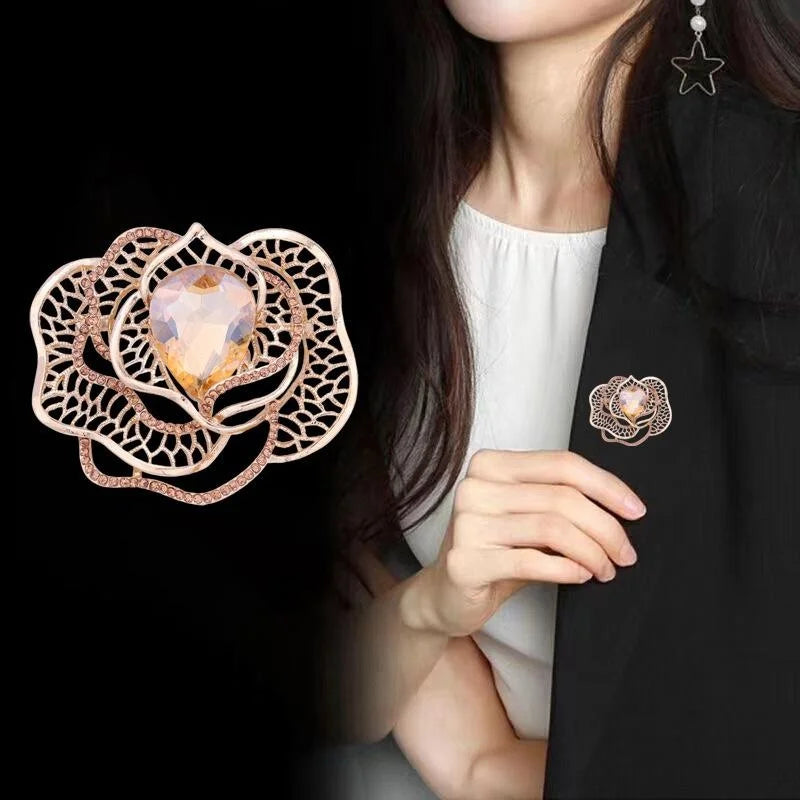 Elegant Camellia Flower Brooch With Teardrop Zircon And Rhinestones, Rose Gold Alloy Lapel Pin Gift