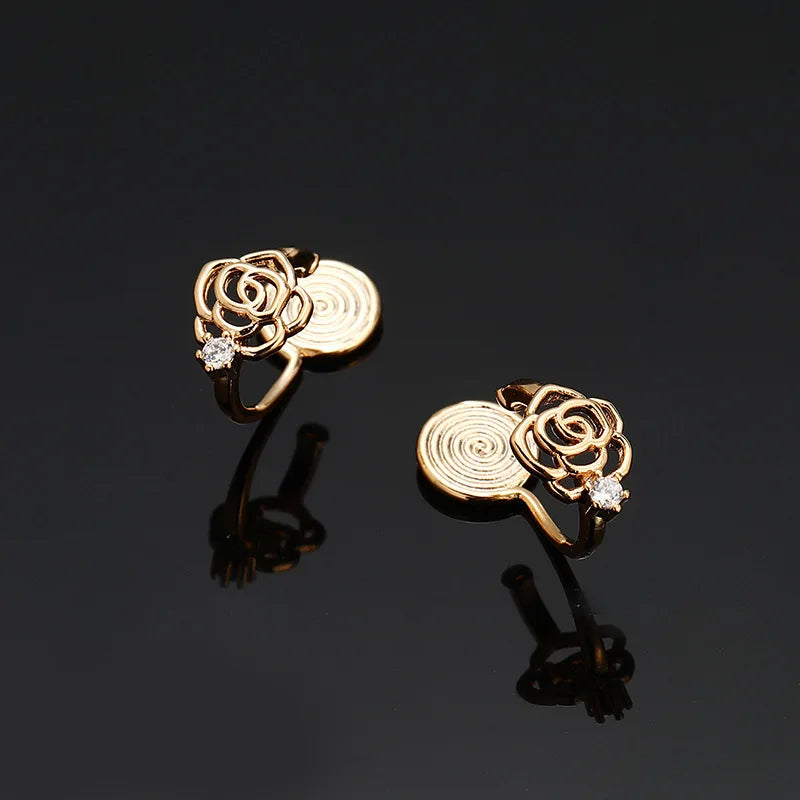 Elegant Gold Tone Alloy Rose Flower Spiral Disc Zircon Stud & Clip On No Piercing Small Hoop Earrings