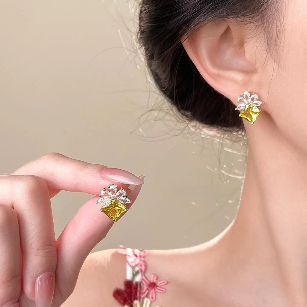 Sparkling 14K Plated Copper Zircon Flower Geometric Stud Earrings