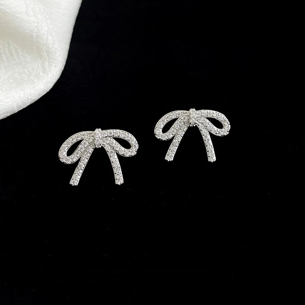 Micro Pave Zircon Copper Bow Knot Stud Earrings Sweet Minimalist Ribbon Commuter Jewelry
