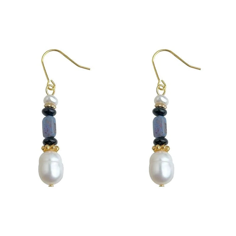 Handmade Natural Freshwater Pearl Drop Earrings Ethnic Retro Navy Blue Geometric Design