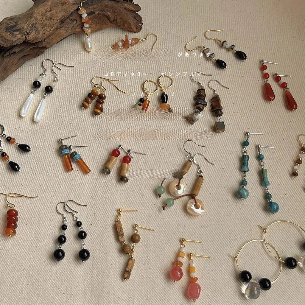 2025 New Chinese Vintage Handmade Natural Stone Geometric Tassel Drop Earrings For Women