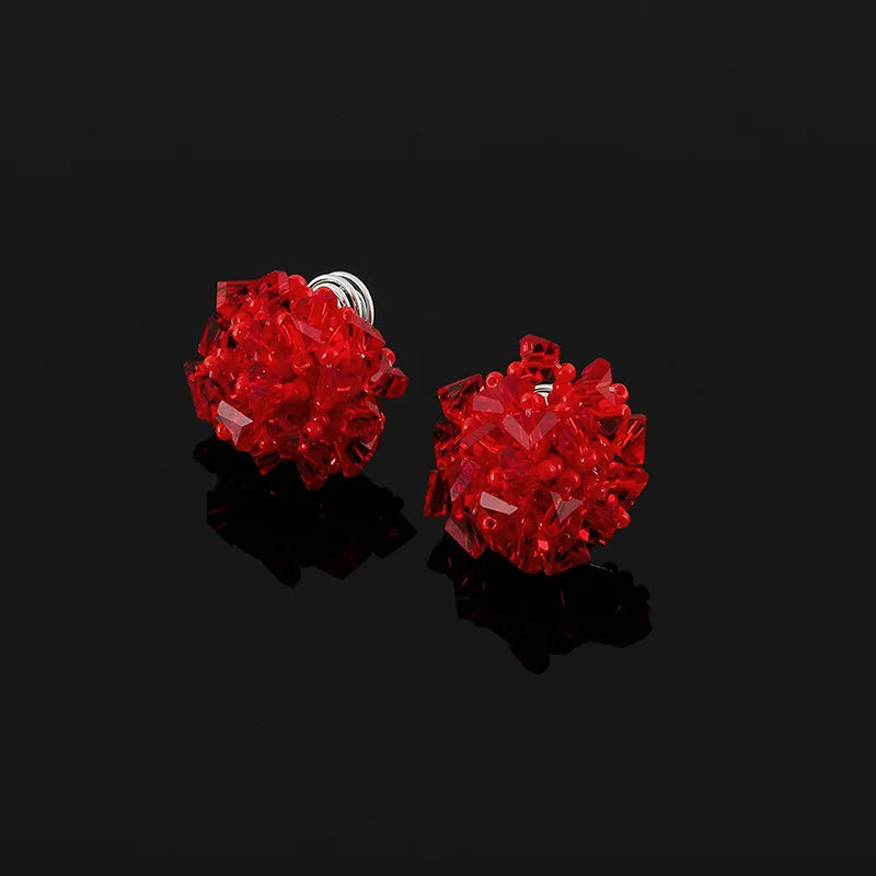 Sweet Red Crystal Beaded Flower Stud & Clip On No Piercing Handmade Statement Womens Earrings