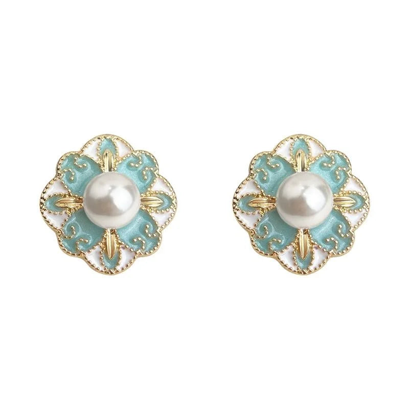 New Chinese Style Blue Enamel Geometric Floral Copper Stud Earrings