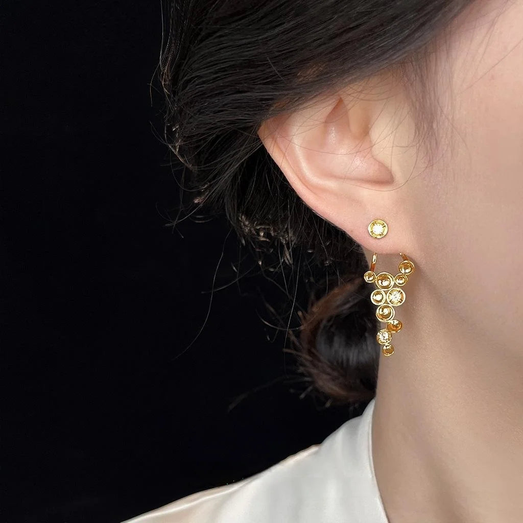 14K Plated Copper Micro Pave Zircon Geometric Round Two Way Drop Earrings