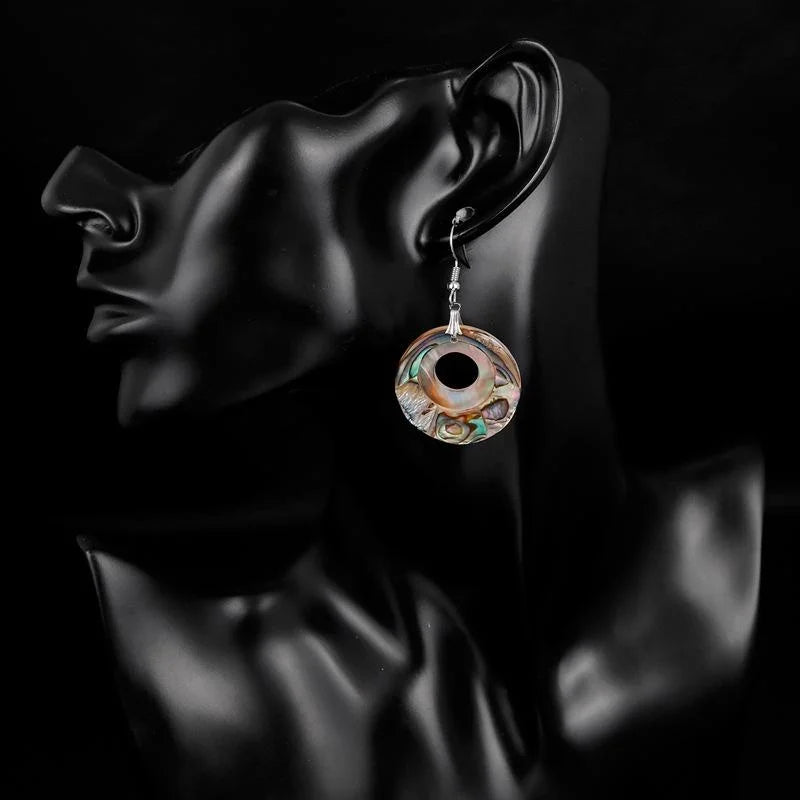 Elegant Natural Shell Round Drop Earrings For Women, Iridescent Alloy Hook Dangle Jewelry For Party Gift