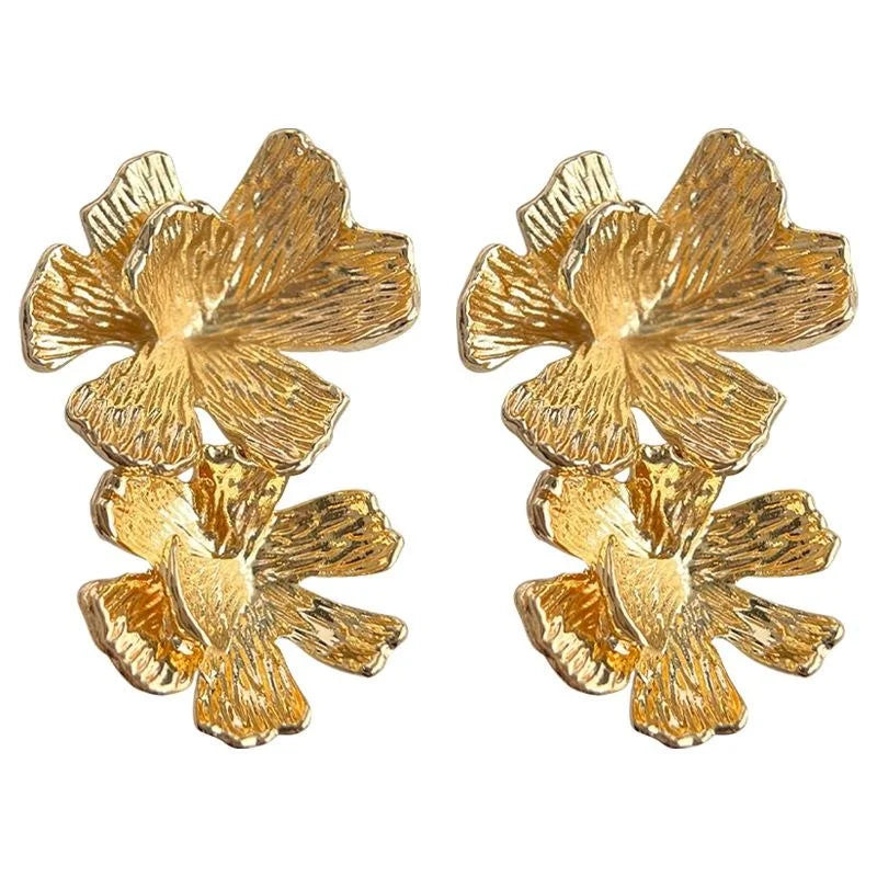 Vintage 14K Gold Plated Copper 3D Flower Petal Convertible Drop Earrings