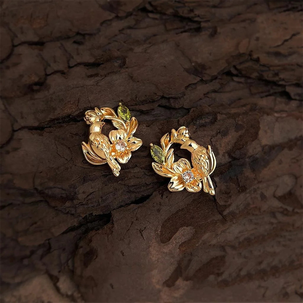 Light Luxury Copper Zircon Flower Wreath Bird Stud Earrings